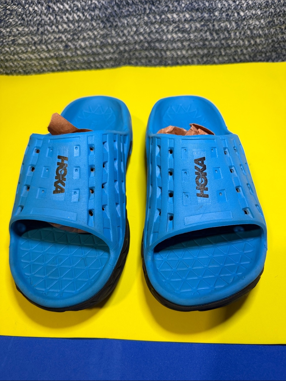 Hoka Kids Bright Blue Slide Sandals with Black Soles
